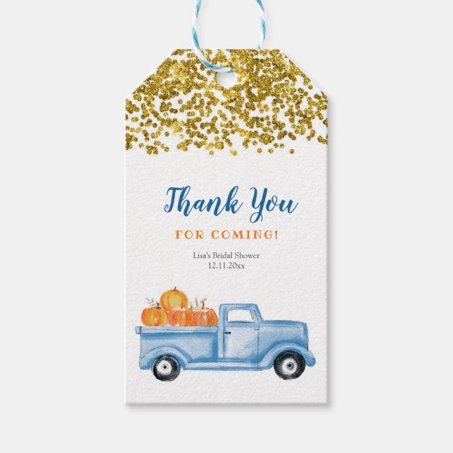 Étiquettes-cadeau Balise Citrouille bleu Merci de camion Gold Faux (Devant)
