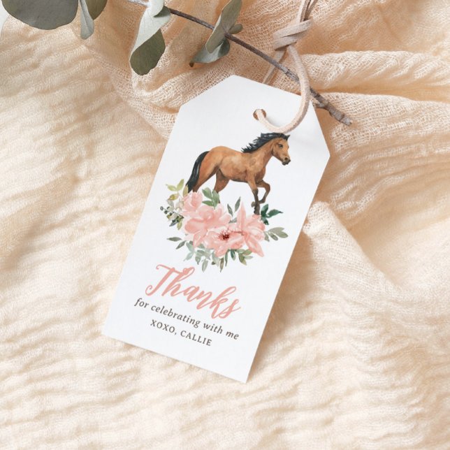 Étiquettes-cadeau Balise d'anniversaire Pink Floral Horse Party Favo (Créateur téléchargé)