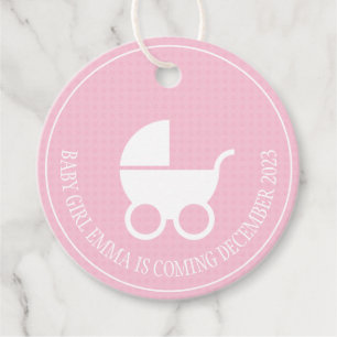 Étiquettes Cadeau Balise de baby shower avec poussette pour fille