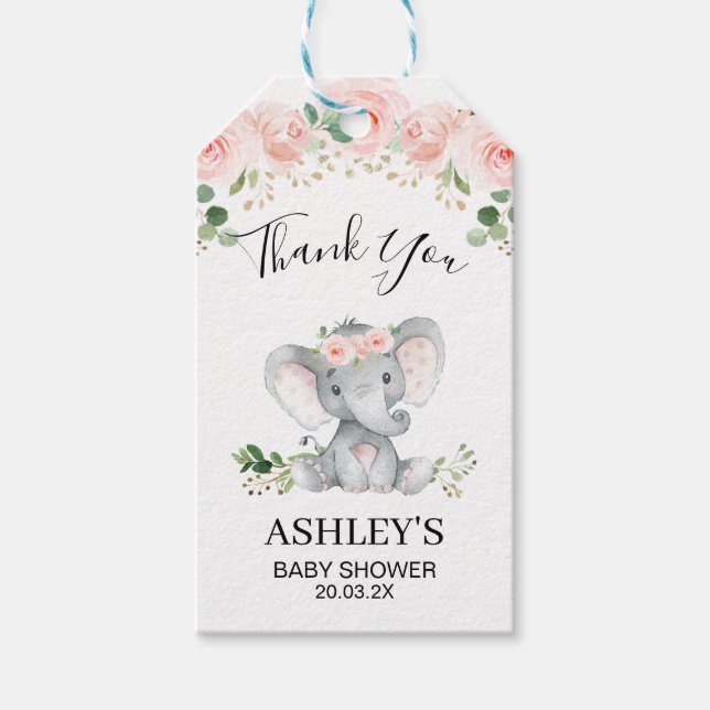 Étiquettes-cadeau Balise de Merci Baby shower d'éléphant rose (Devant)