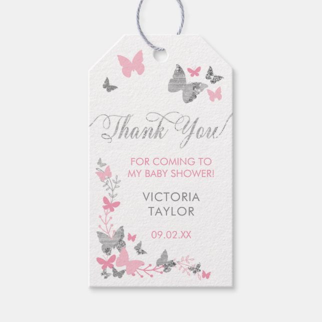 Étiquettes-cadeau Balise de Merci papillon, rose, argent (Devant)