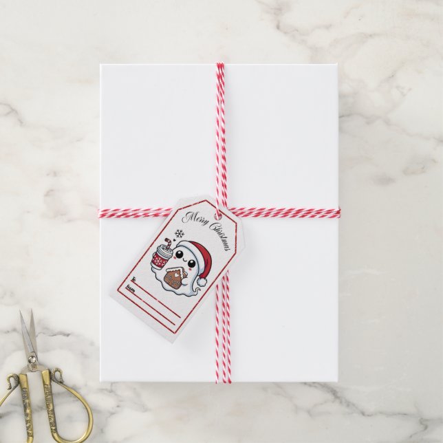 Étiquettes-cadeau Balise de Noël de charme avec un fantôme de fête (Avec de la ficelle)