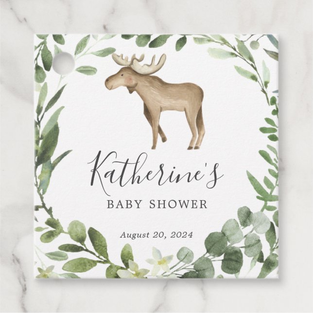 Étiquettes Cadeau Balise de préférence Baby shower d'orignal de bûch (Devant)