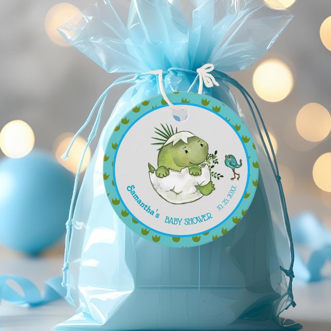 Étiquettes Cadeau Balise de préférence pour le Baby shower Dino d'éc (Cute Hatching Dino Baby Shower Favor Tag )