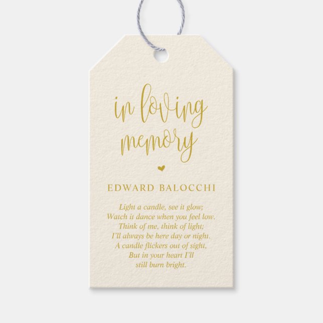 Étiquettes-cadeau Balise de service funéraire en or jaune, bougie co (Devant)