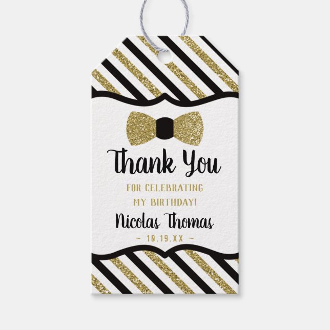 Étiquettes-cadeau Balise Faux or, Noir, Merci Cravate Bow Faving (Devant)