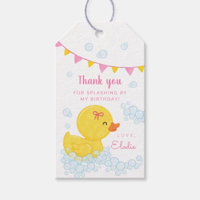 Étiquettes-cadeau Balise Fête d'anniversaire Fille Duckie en caoutch (Devant)