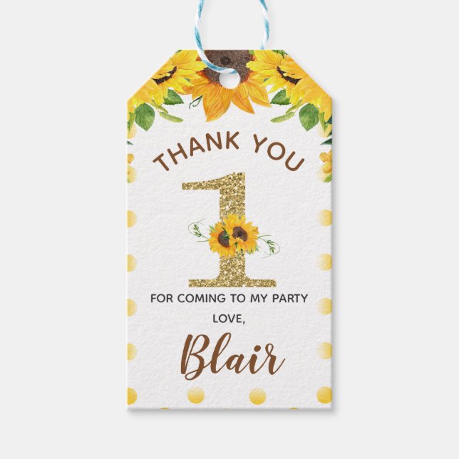 Étiquettes-cadeau Balise Fleur de soleil jaune Premier anniversaire  (Devant)