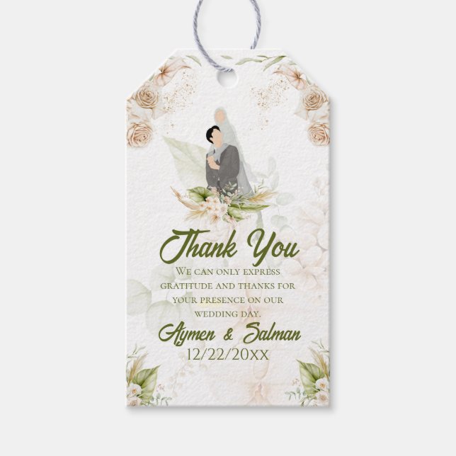 Étiquettes-cadeau Balise Floral Vert & Beige Mariage islamique Merci (Devant)