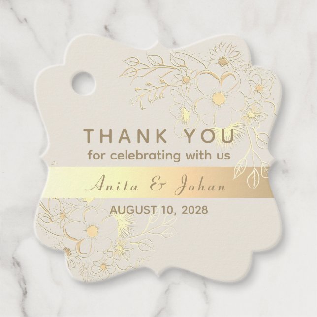 Étiquettes Cadeau Balise Gold Floral Mariage Merci Favoriser (Devant)