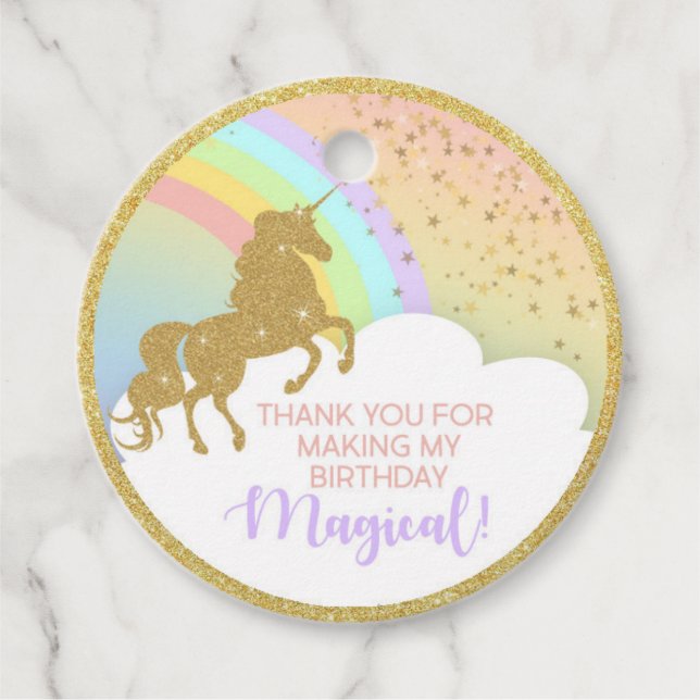 Étiquettes Cadeau Balise Gold Unicorn Anniversaire Favoriser (Devant)