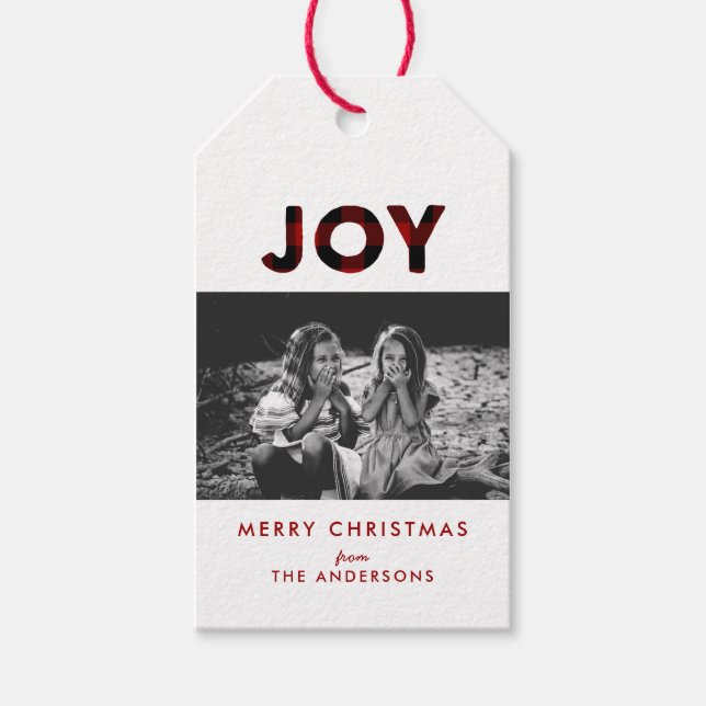 Étiquettes-cadeau Balise Joy Red Buffalo Plaid Christmas Photo Gift (Devant)