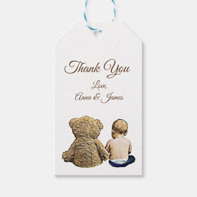 Étiquettes-cadeau Balise Merci bébé garçon et ours en peluche (Devant)