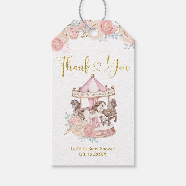 Étiquettes-cadeau Balise Merci de carrousel magique rose et or (Devant)