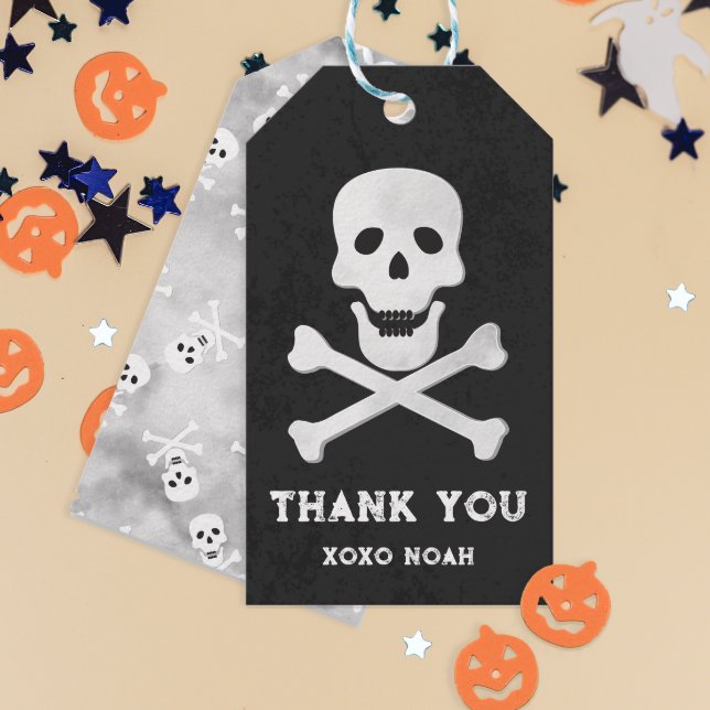 Étiquettes-cadeau Balise Merci Halloween crâne et os (cute skull and bones thank you gift tag)