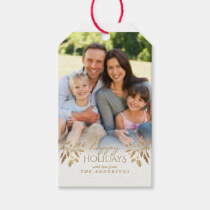 Étiquettes-cadeau Balise photo Happy Holidays Faux Gold Foil Holly