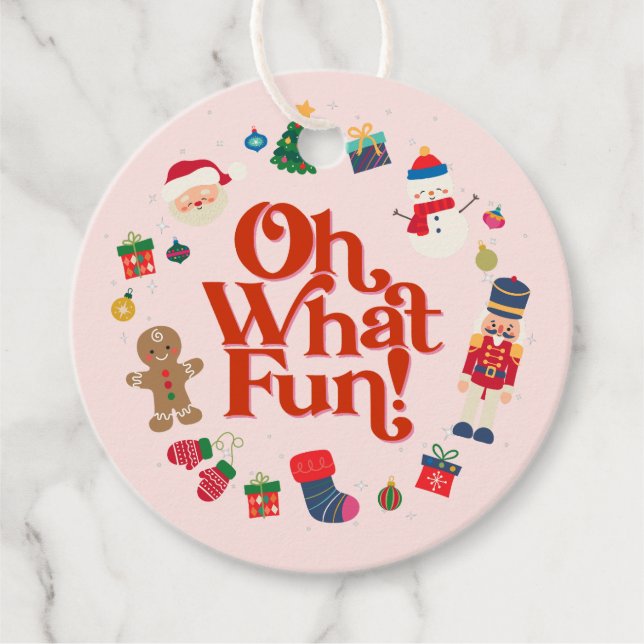 Étiquettes Cadeau Balise Pink Oh What Fun Christmas Anniversaire Fav (Devant)