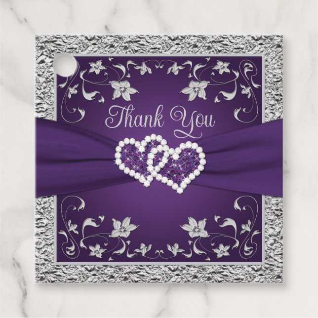 Étiquettes Cadeau Balise Purple, Grey Love Hearts Wedding Favor (Devant)