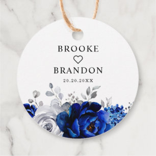 Étiquettes Cadeau Balise Royal Bleu Blanc Argent Floral Merci Favori
