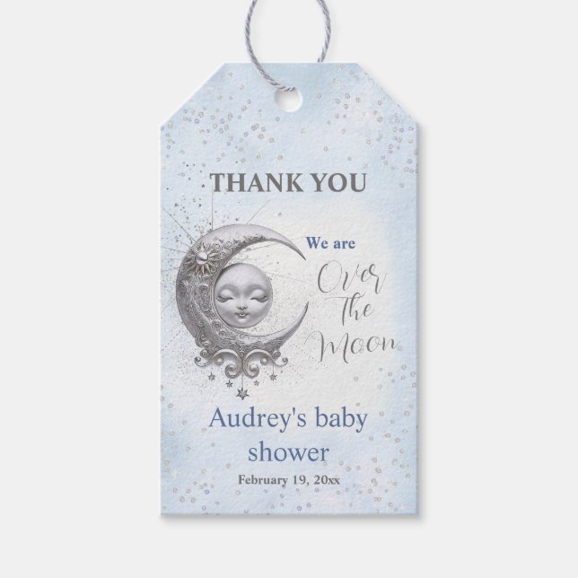 Étiquettes-cadeau Balise Sur Le Baby shower Du Garçon Bleu Lune (Devant)