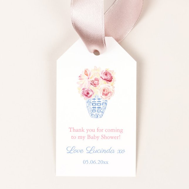 Étiquettes-cadeau Balise Sweet Little Girl Rose Roses Baby shower Fa (Pink and blue baby shower for little girl favor tags with ginger jar and pink garden roses)