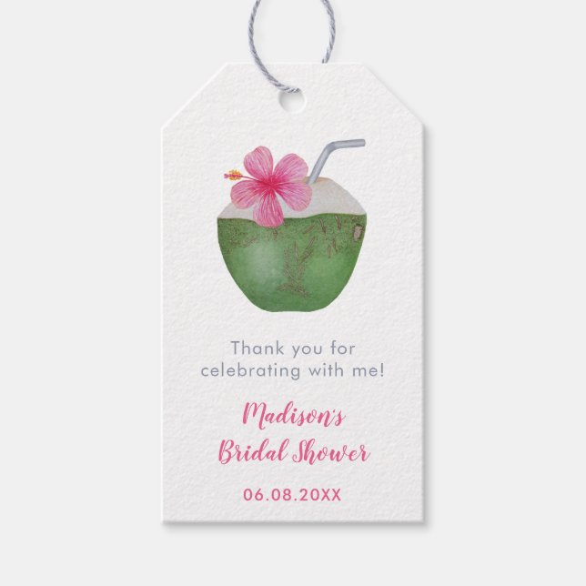 Étiquettes-cadeau Balise Tropical Green Coconut Fête des mariées Fav (Devant)