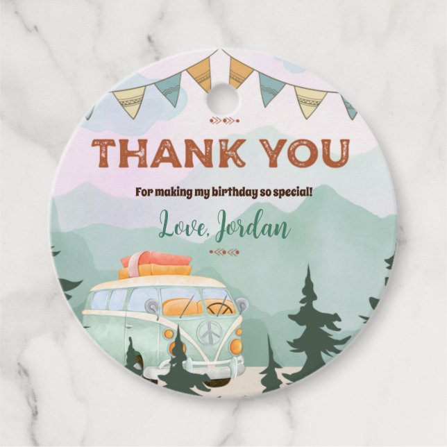 Étiquettes Cadeau Balise Un Joyeux Camper Birthday Circle Merci (Devant)