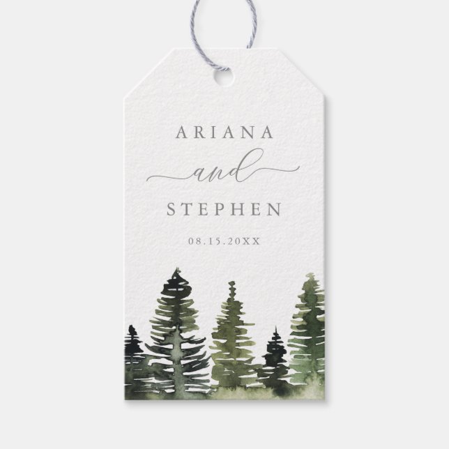 Étiquettes-cadeau Balises Cadeau Mariage Rustique Aquarelle Pine Tre (Devant)