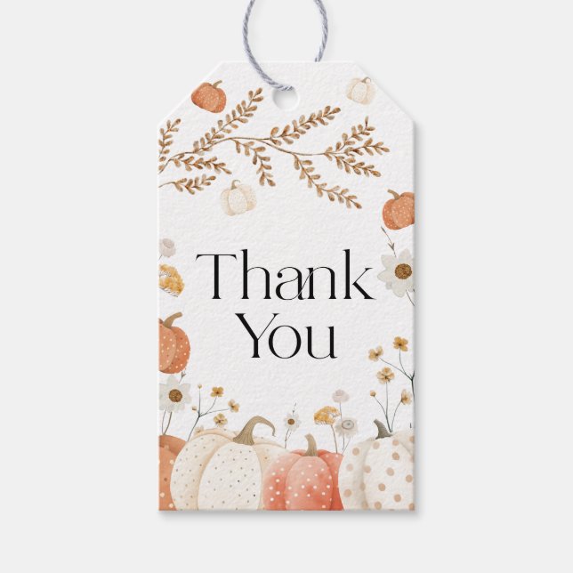 Étiquettes-cadeau Balises cadeaux citrouille Baby shower Merci (Devant)