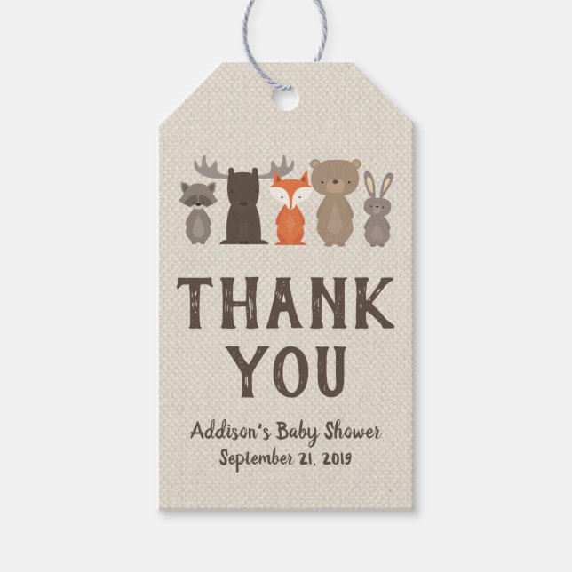 Étiquettes-cadeau Balises cadeaux de Woodland Baby shower Favoriser (Devant)