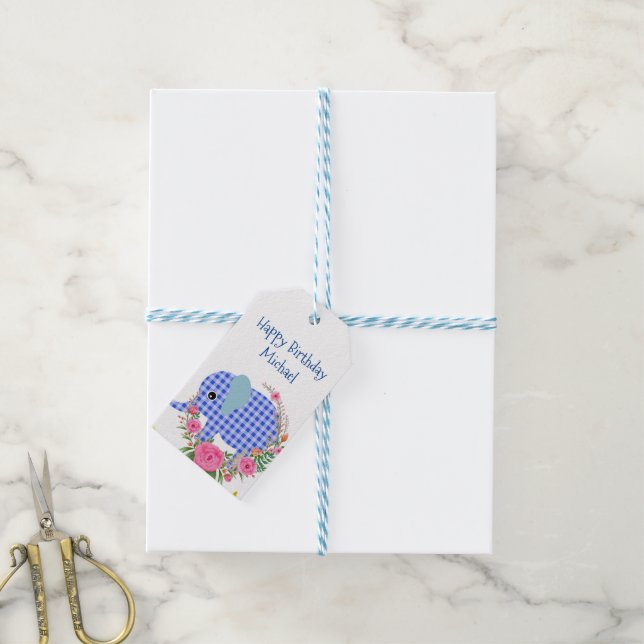 Étiquettes-cadeau Balises Cadeaux Floraux Blue Elephant Joyeux anniv (Avec de laficelle)