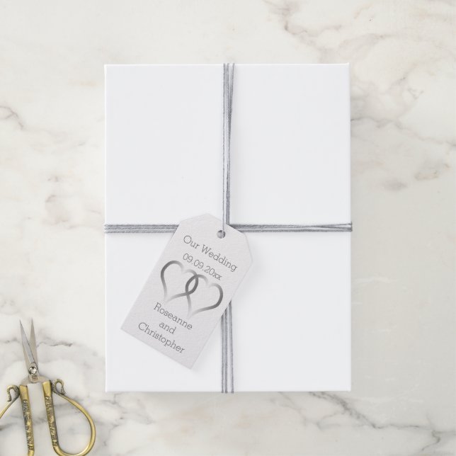 Étiquettes-cadeau Balises Cadeaux mariages Coeurs d'argent (Avec de la ficelle)