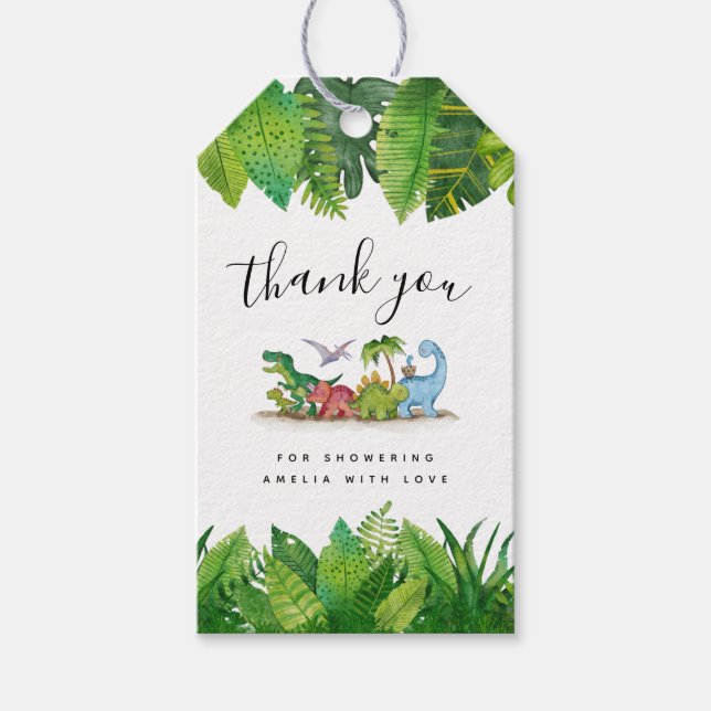 Étiquettes-cadeau Balises cadeaux Merci Baby shower Dinosaur (Devant)