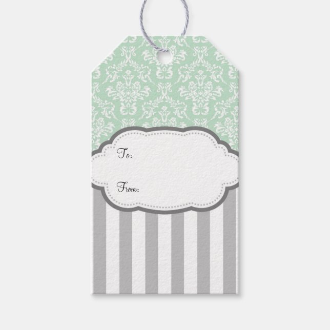 Étiquettes-cadeau Balises Cadeaux Mint Vert Blanc Gris Damas (Devant)