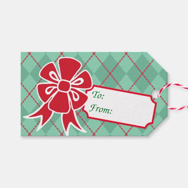 Étiquettes-cadeau Balises cadeaux Retro Red Christmas Bow (Devant (Horizontal))