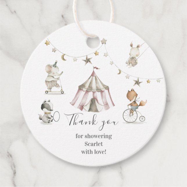 Étiquettes Cadeau Balises de Baby shower Cercle Cercle Cirque Mignon (Devant)