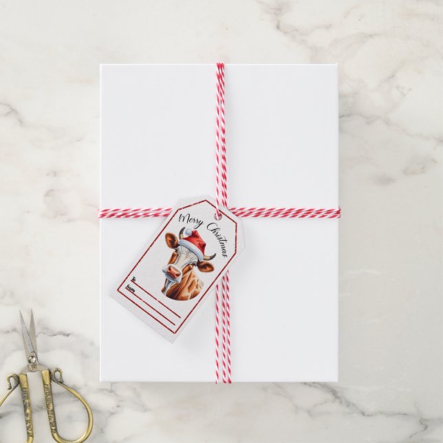 Étiquettes-cadeau Balises de chapeau de Noël de vache joyeuse (Avec de la ficelle)