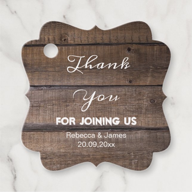 Étiquettes Cadeau Balises de Mariage en bois rustique simple Merci F (Devant)