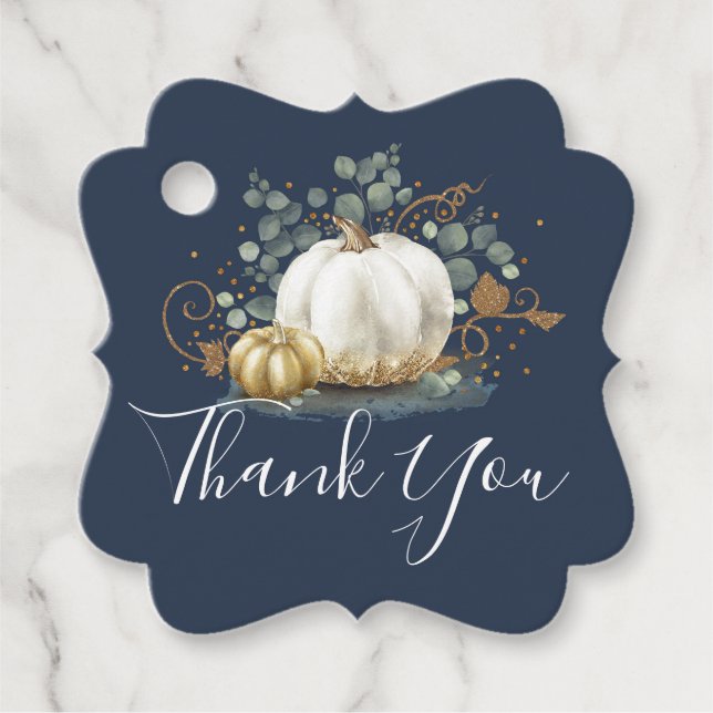 Étiquettes Cadeau Balises de Merci Citrouille d'automne blanc et or (Devant)