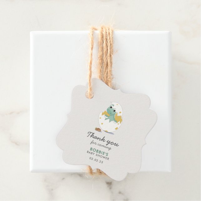 Étiquettes Cadeau Balises de préférence Dinosaure Jaune Vert mignon  (En situation)