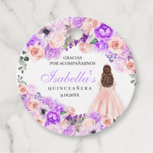 Étiquettes Cadeau Balises Fleur Quinceanera Pink & Purple Cercle Fav