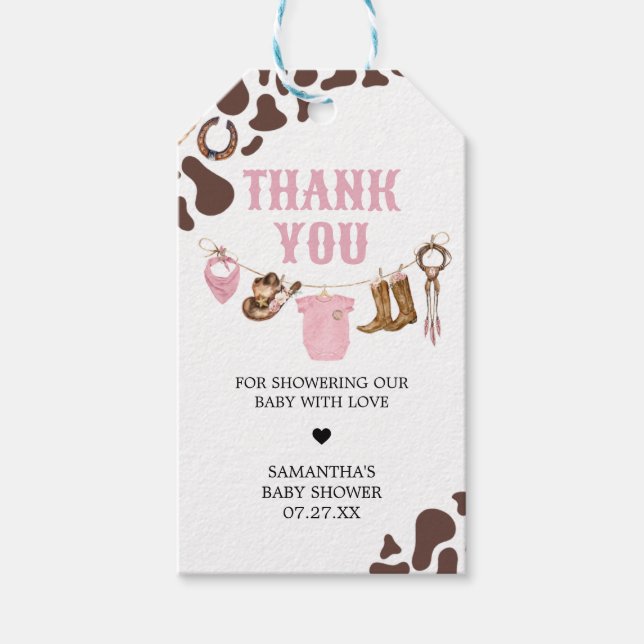 Étiquettes-cadeau Balises préférées du Baby shower Little Cowgirl (Devant)