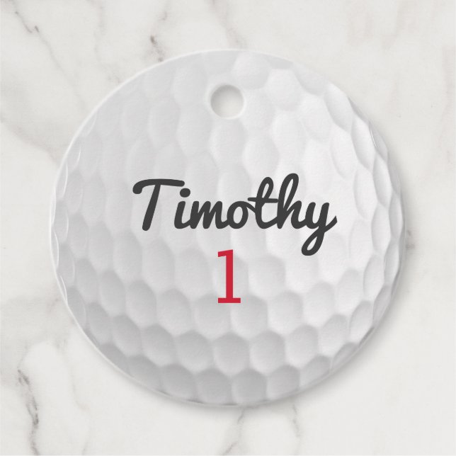 Étiquettes Cadeau Ball de golf Dimples avec nom noir Numéro rouge (Devant)