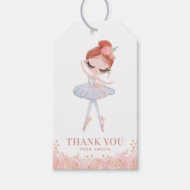 Étiquettes-cadeau Ballerina à la tête rouge en robe blanche Annivers (Devant)