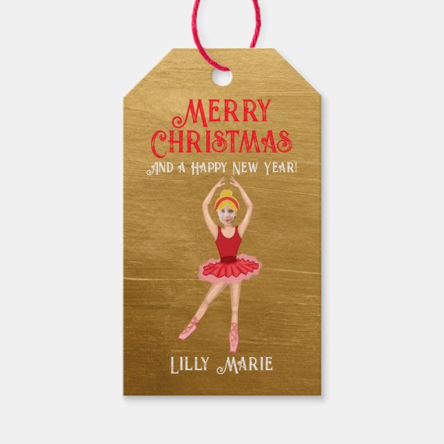 Étiquettes-cadeau Ballerina Red Tutu Joyeux Noël de Nutcracker (Devant)