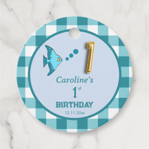 Étiquettes Cadeau Ballon en or poisson gingham bleu sarcelle pour 1e