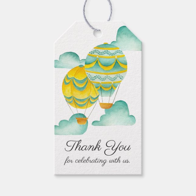 Étiquettes-cadeau Ballons à air chaud Jaune et Aqua Merci (Devant)