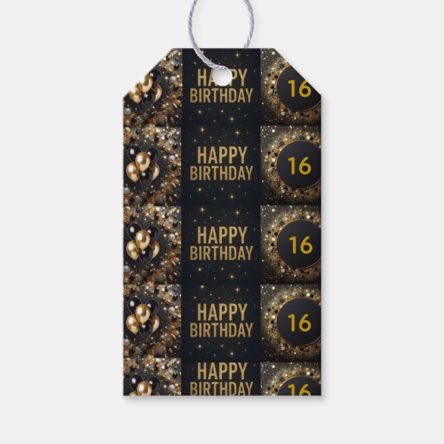 Étiquettes-cadeau Ballons à étincelles noir et or Joyeux anniversair (Devant)