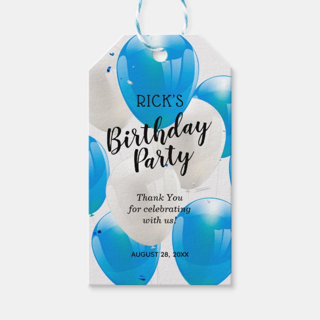 Étiquettes-cadeau Ballons Bleus et Blancs Merci d'anniversaire (Devant)