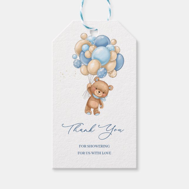 Étiquettes-cadeau Ballons Bleus Teddy Bear Baby shower Merci (Devant)